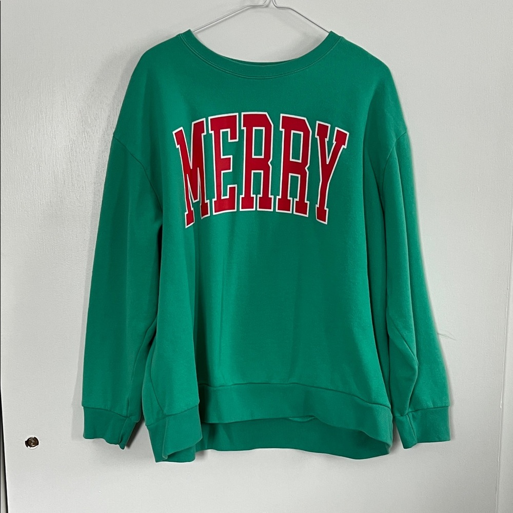 Green Sweatshirt with Red 'MERRY' Print